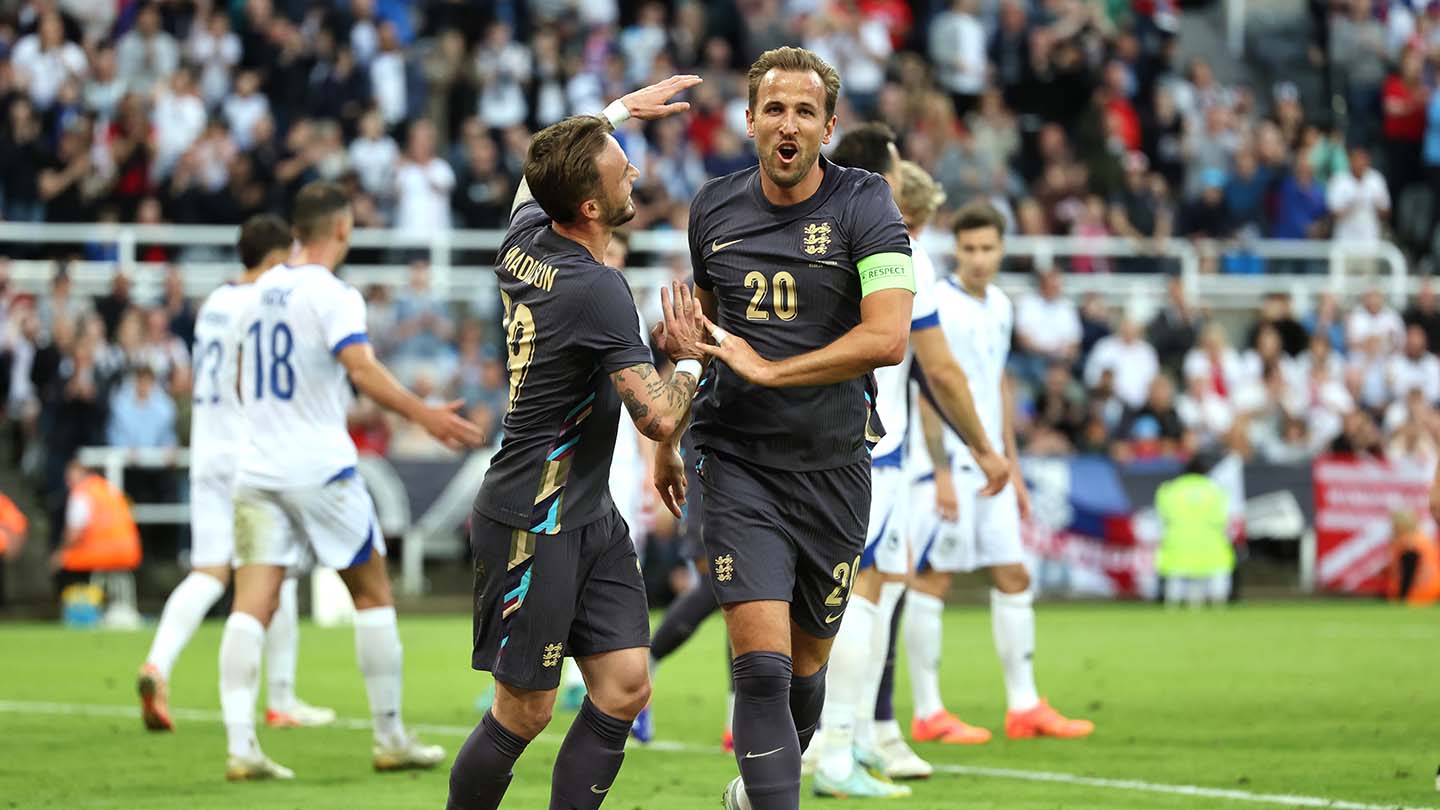 Harry Kane of England celebrates scoring his team's third goal with teammate James Maddison during the international friendly match between England and Bosnia & Herzegovina at St James' Park 