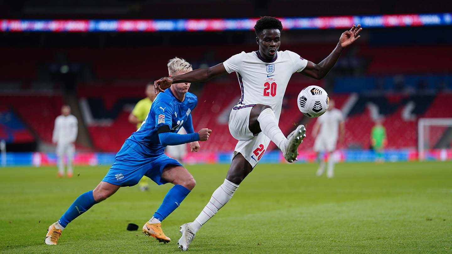 England's Bukayo Saka in action against Iceland in November 2020