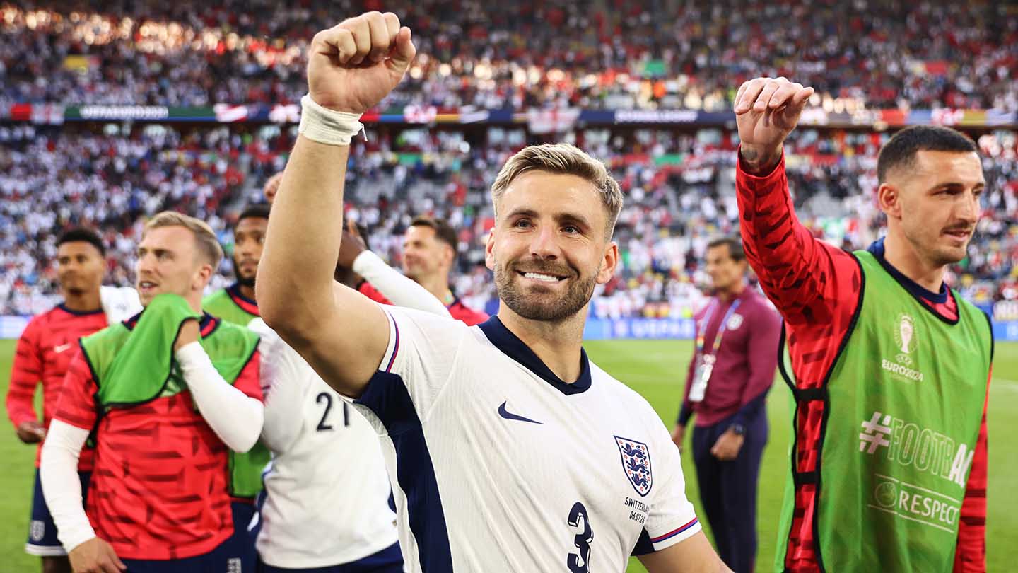 Luke Shaw celebrates England's win over Switzerland at EURO 2024