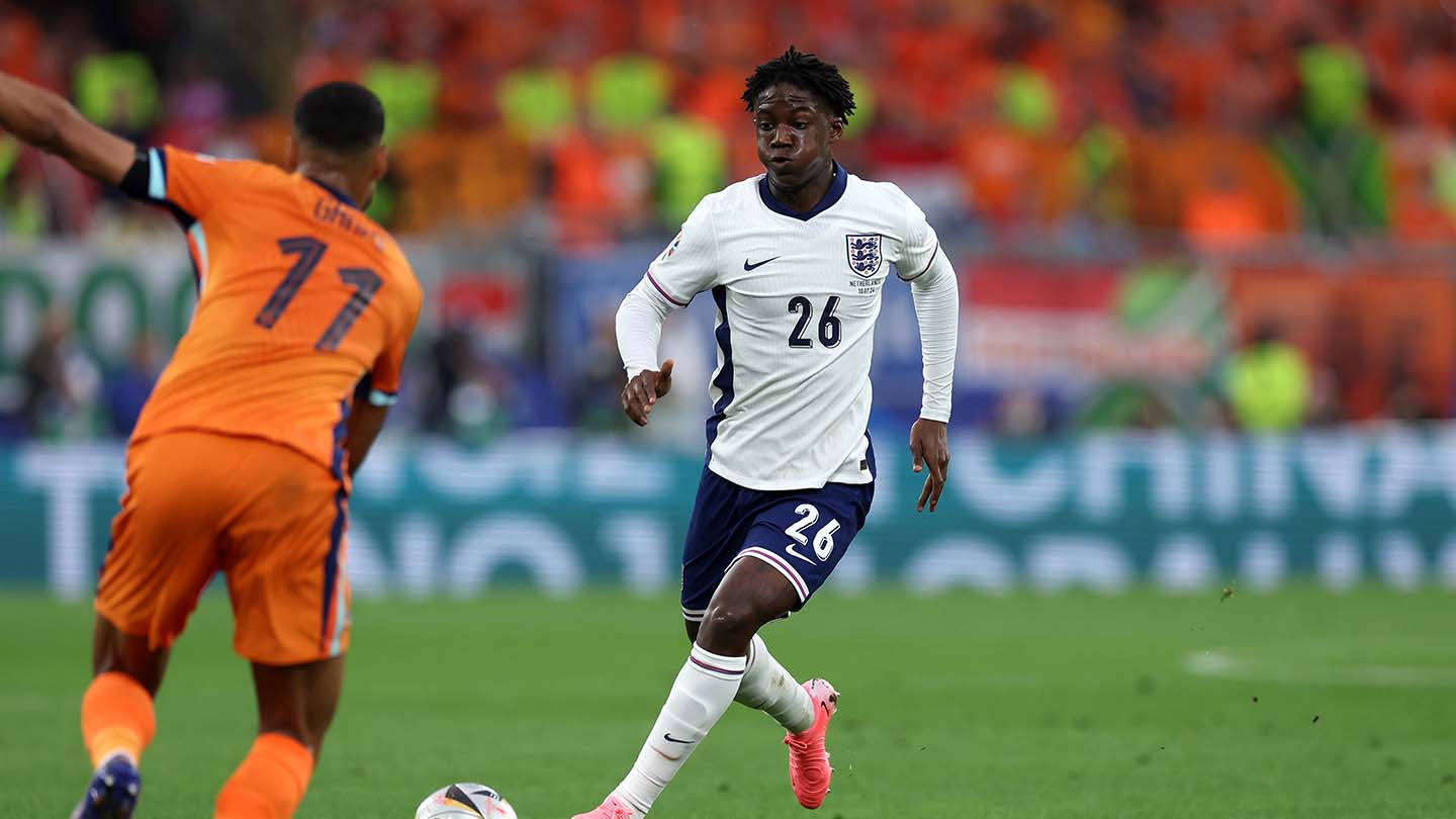 Kobbie Mainoo on the ball for England against the Netherlands at EURO 2024