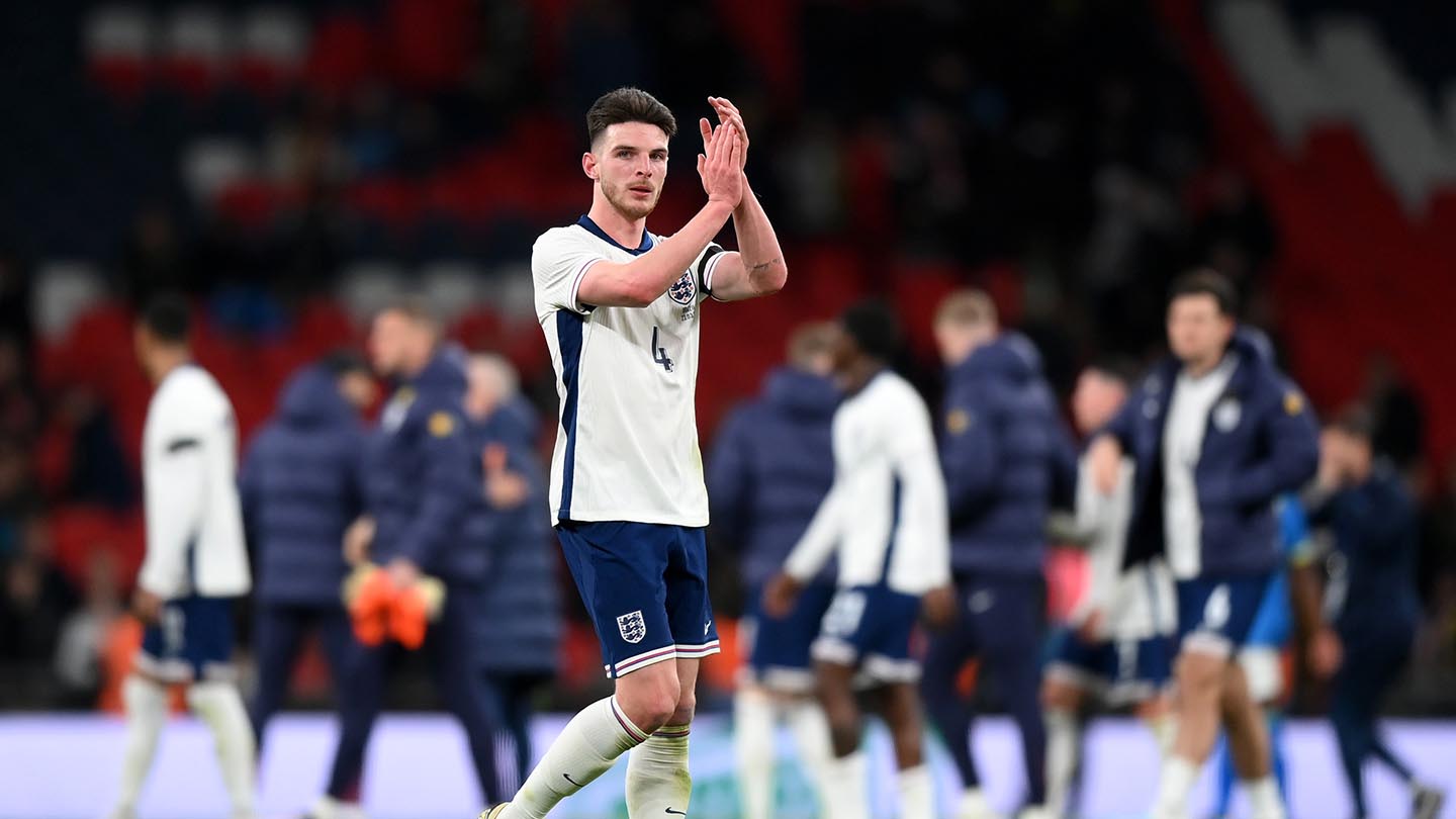 Declan Rice of England acknowledges the fans following the international friendly match between England and Brazil