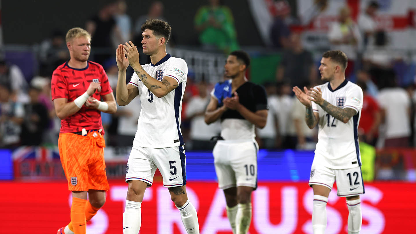 John Stones and teammates of England acknowledge the fans following the UEFA EURO 2024 group stage match between England and Slovenia at Cologne